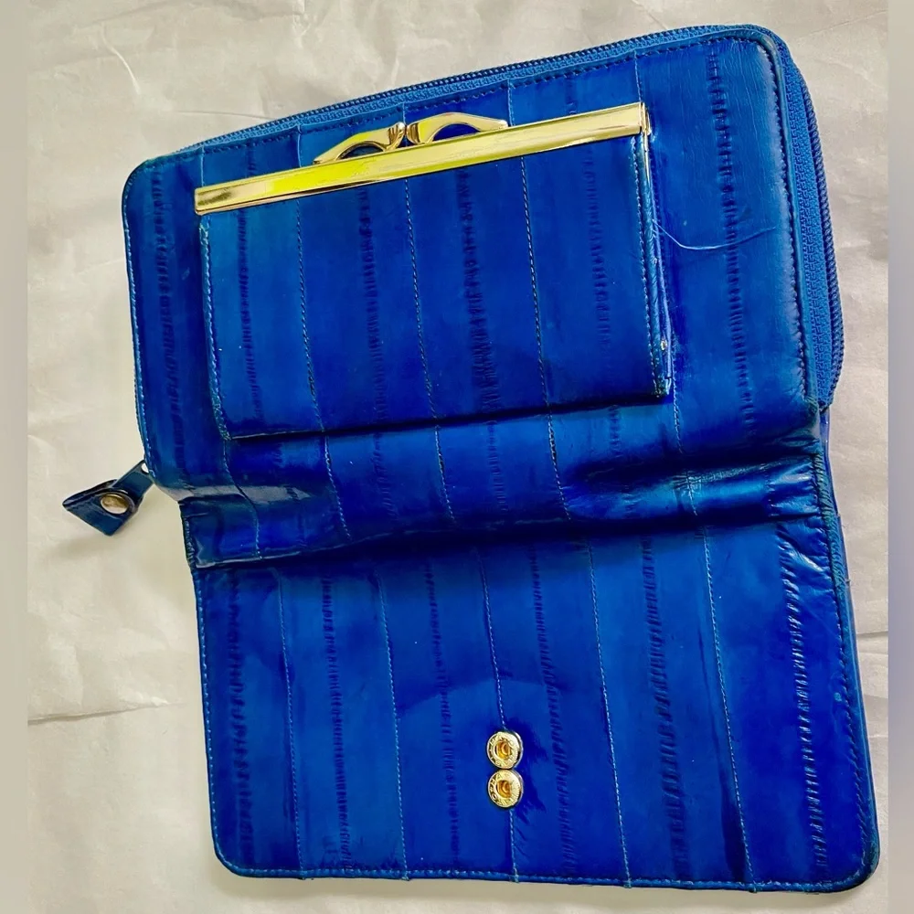Rare Royal Blue Eel Leather Gold Accents Clutch Wallet